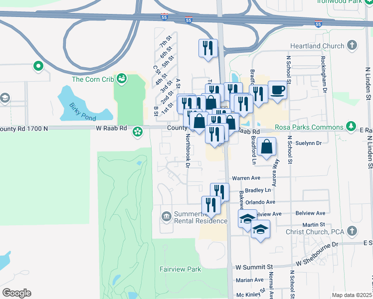 map of restaurants, bars, coffee shops, grocery stores, and more near 702 North Golfcrest Road in Normal