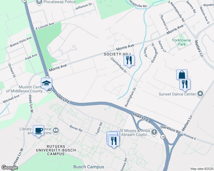 map of restaurants, bars, coffee shops, grocery stores, and more near 324 Hampshire Court in Piscataway