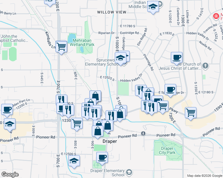 map of restaurants, bars, coffee shops, grocery stores, and more near 12111 South 930 East in Draper