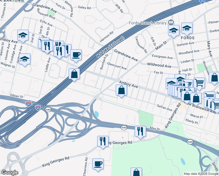map of restaurants, bars, coffee shops, grocery stores, and more near 32 Albany Street in Edison