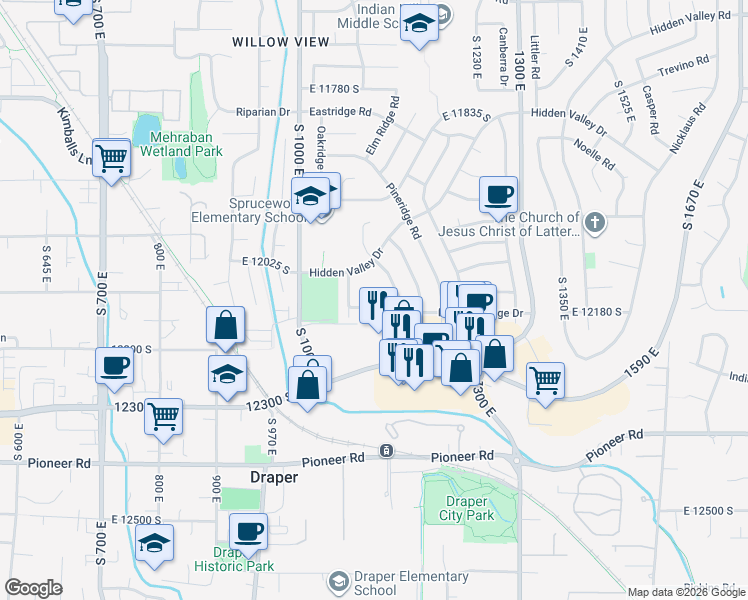 map of restaurants, bars, coffee shops, grocery stores, and more near 12161 Spring Ridge Circle in Sandy