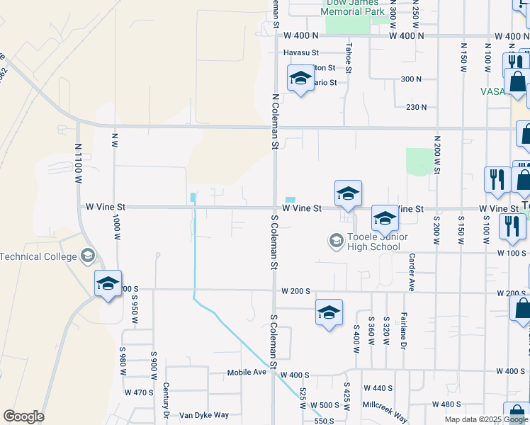 map of restaurants, bars, coffee shops, grocery stores, and more near 615 West Vine Street in Tooele