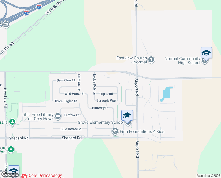 map of restaurants, bars, coffee shops, grocery stores, and more near 3260 Topaz Road in Normal