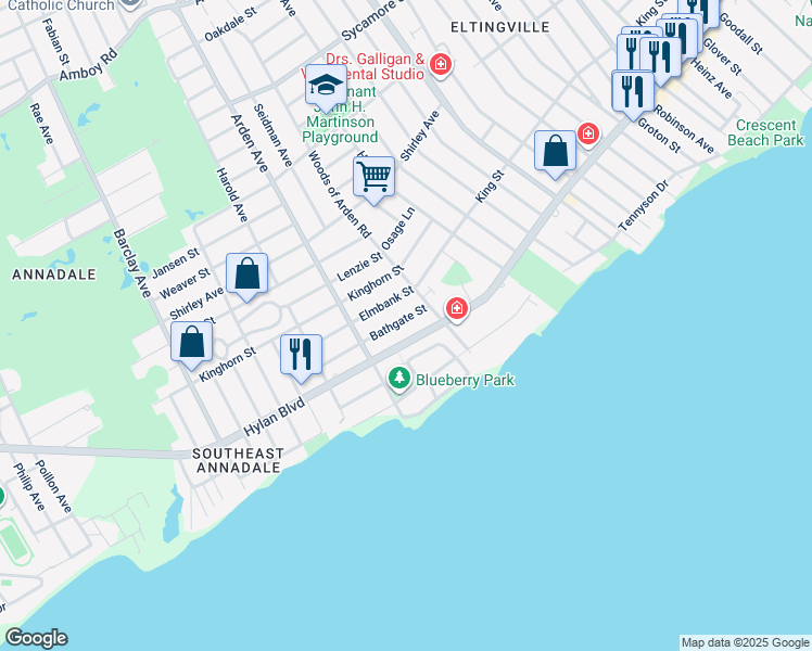 map of restaurants, bars, coffee shops, grocery stores, and more near 4599 Hylan Boulevard in Staten Island