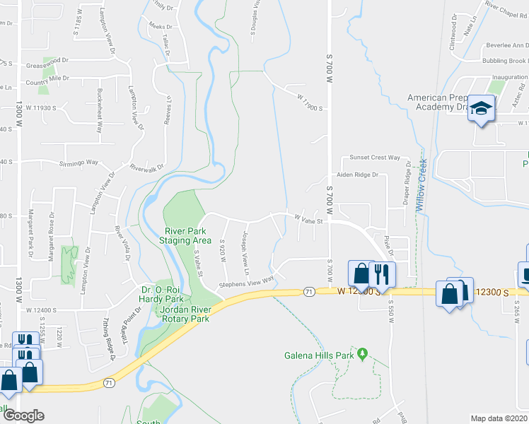 map of restaurants, bars, coffee shops, grocery stores, and more near 12084 Allison Park Court in Draper