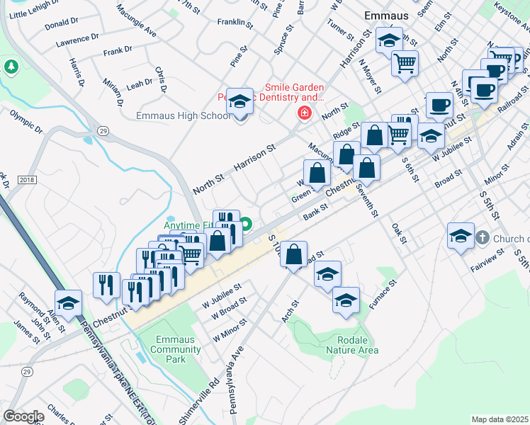 map of restaurants, bars, coffee shops, grocery stores, and more near 128 North 10th Street in Emmaus