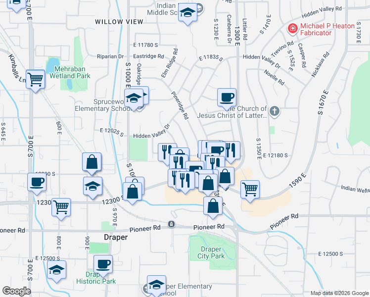 map of restaurants, bars, coffee shops, grocery stores, and more near 1142 East Spring Ridge Drive in Sandy