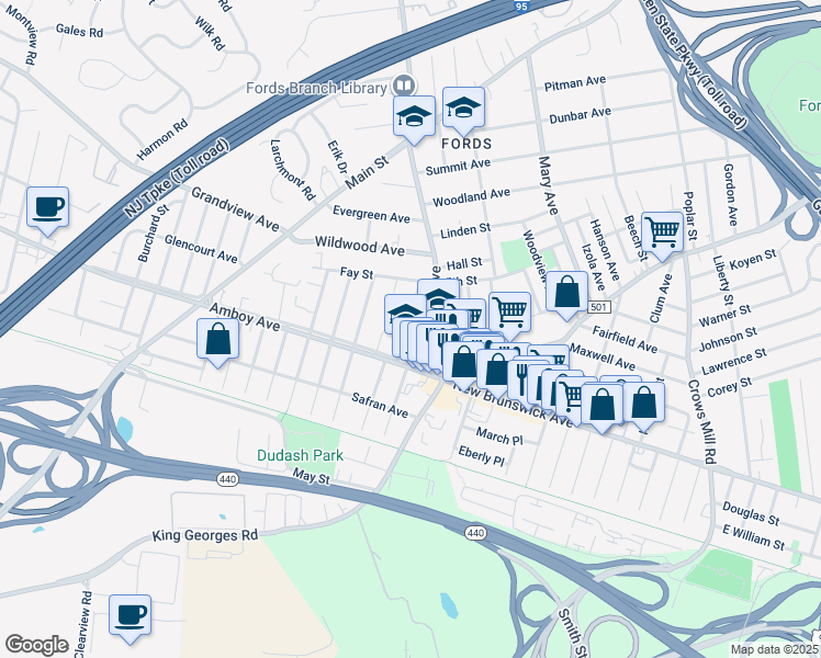 map of restaurants, bars, coffee shops, grocery stores, and more near 18 Maple Drive in Edison