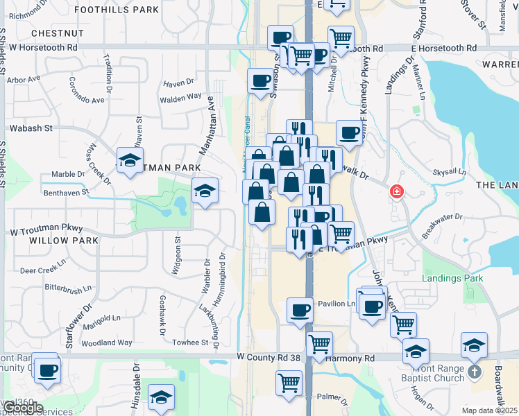 map of restaurants, bars, coffee shops, grocery stores, and more near 4070 South Mason Street in Fort Collins