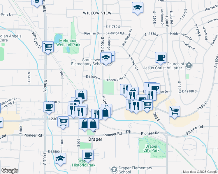 map of restaurants, bars, coffee shops, grocery stores, and more near 12151 South 1000 East in Draper