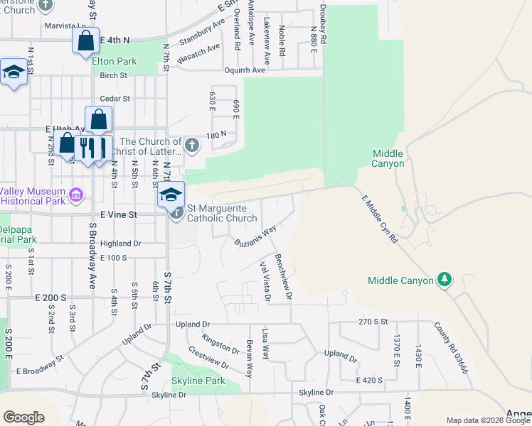 map of restaurants, bars, coffee shops, grocery stores, and more near 33 Benchview Drive in Tooele