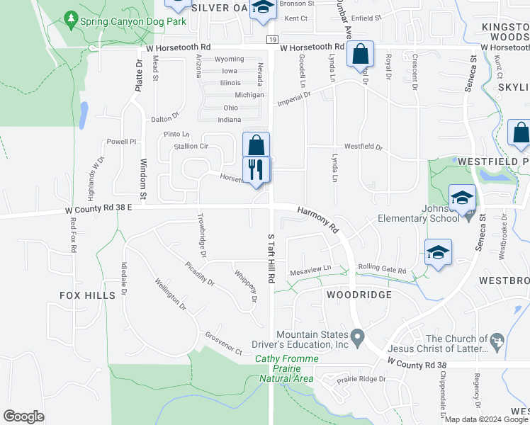 map of restaurants, bars, coffee shops, grocery stores, and more near 4125 South Taft Hill Road in Fort Collins