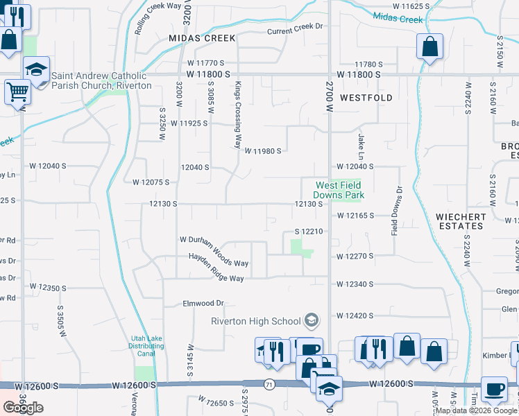 map of restaurants, bars, coffee shops, grocery stores, and more near 12175 2845 West in Riverton