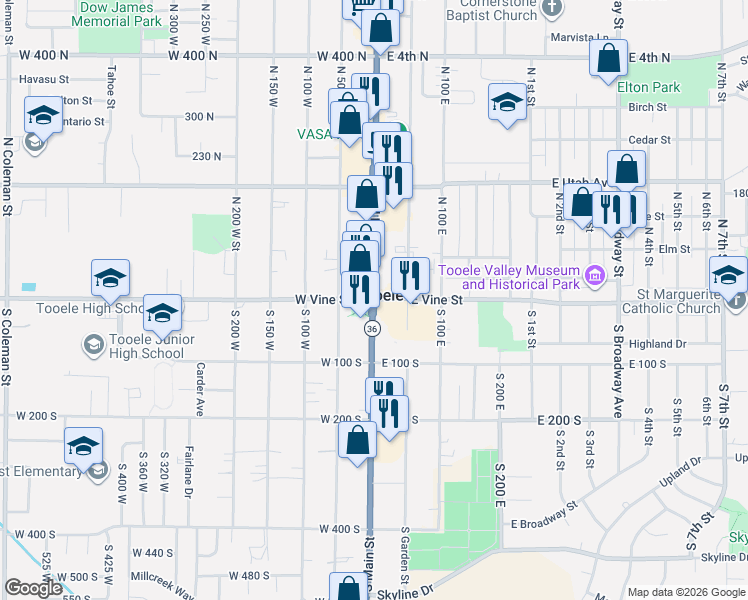 map of restaurants, bars, coffee shops, grocery stores, and more near in Tooele