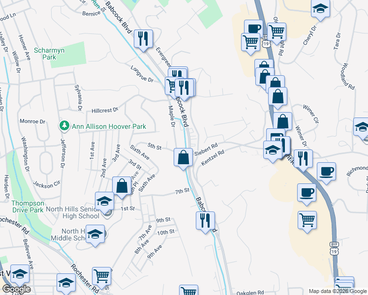 map of restaurants, bars, coffee shops, grocery stores, and more near 3273 Babcock Boulevard in Pittsburgh