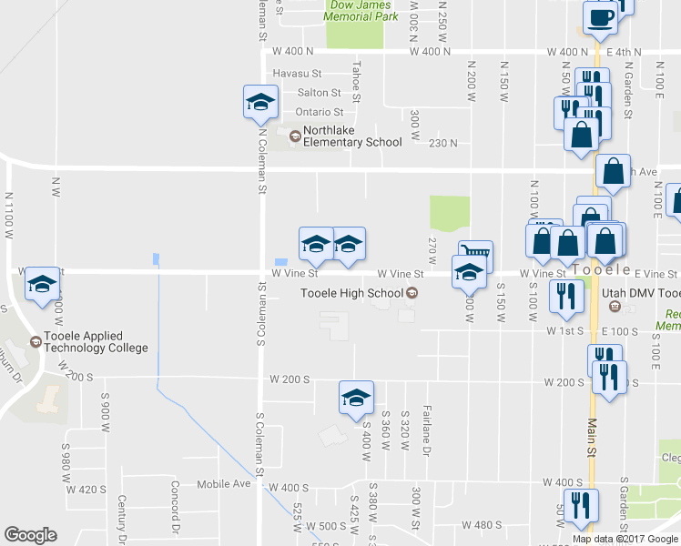 map of restaurants, bars, coffee shops, grocery stores, and more near 411 West Vine Street in Tooele