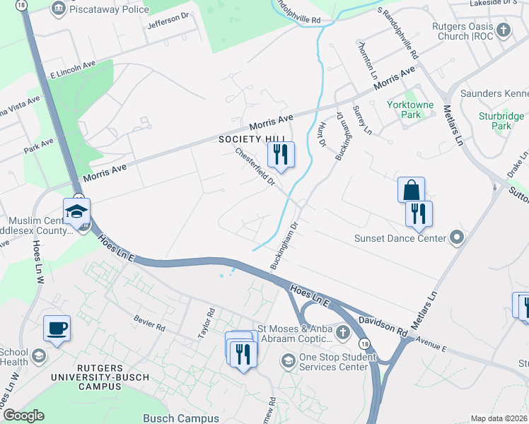 map of restaurants, bars, coffee shops, grocery stores, and more near 413 Lancaster Court in Piscataway