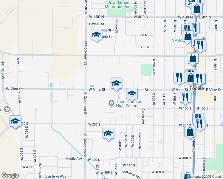 map of restaurants, bars, coffee shops, grocery stores, and more near 411 West Vine Street in Tooele