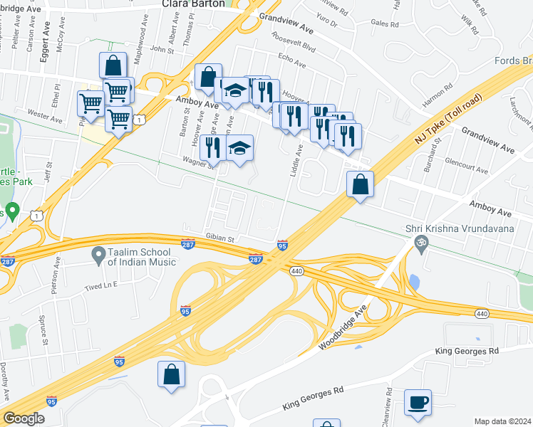 map of restaurants, bars, coffee shops, grocery stores, and more near 4 Plymouth Place in Edison