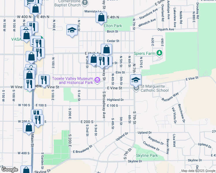 map of restaurants, bars, coffee shops, grocery stores, and more near 365 East Vine Street in Tooele