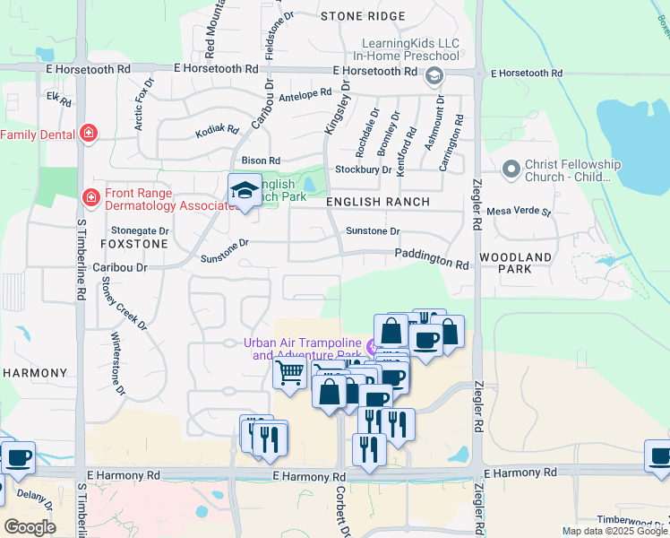 map of restaurants, bars, coffee shops, grocery stores, and more near 4063 Kingsley Court in Fort Collins
