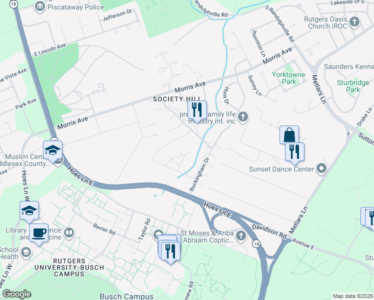 map of restaurants, bars, coffee shops, grocery stores, and more near 413 Lancaster Court in Piscataway