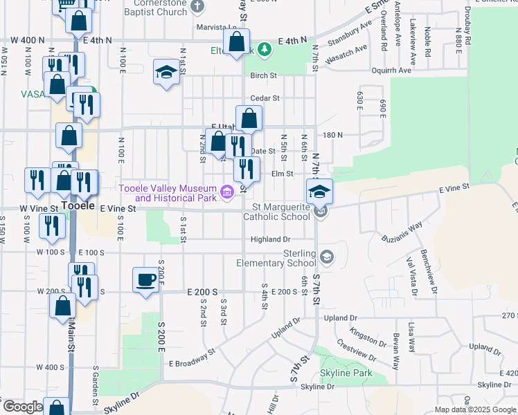 map of restaurants, bars, coffee shops, grocery stores, and more near 389 East Vine Street in Tooele