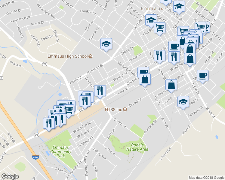 map of restaurants, bars, coffee shops, grocery stores, and more near 20 North 9th Street in Emmaus