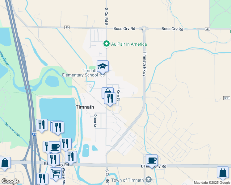 map of restaurants, bars, coffee shops, grocery stores, and more near 4101 Kern Street in Timnath