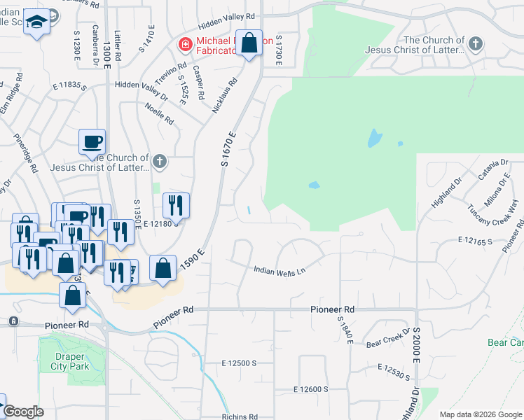 map of restaurants, bars, coffee shops, grocery stores, and more near 1676 Hidden Valley Club Drive in Sandy