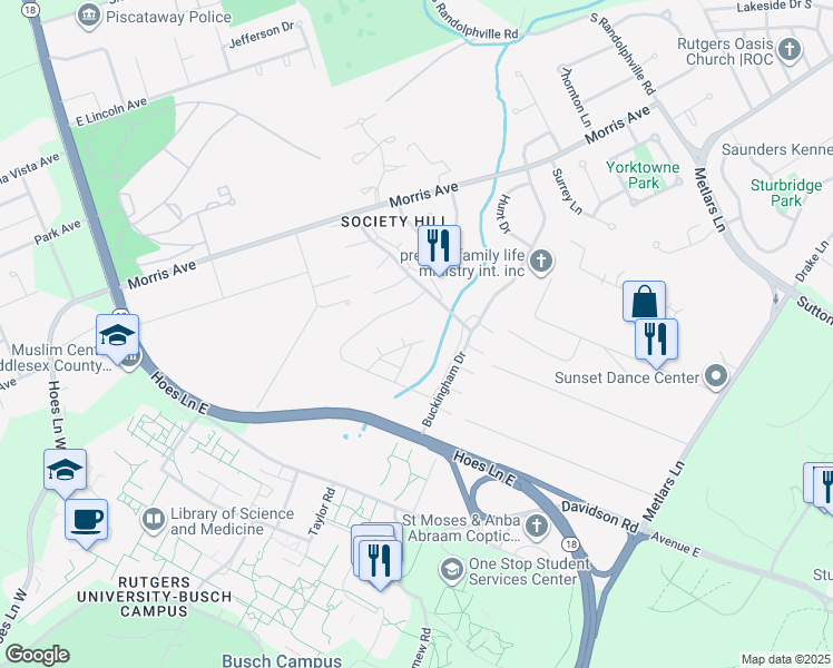 map of restaurants, bars, coffee shops, grocery stores, and more near 413 Lancaster Court in Piscataway