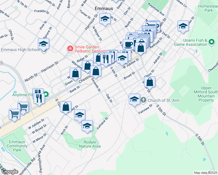 map of restaurants, bars, coffee shops, grocery stores, and more near 662 Adrain Street in Emmaus