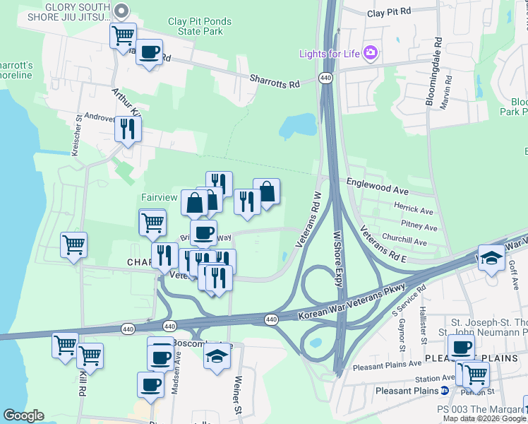 map of restaurants, bars, coffee shops, grocery stores, and more near 2720 Veterans Road West in Staten Island