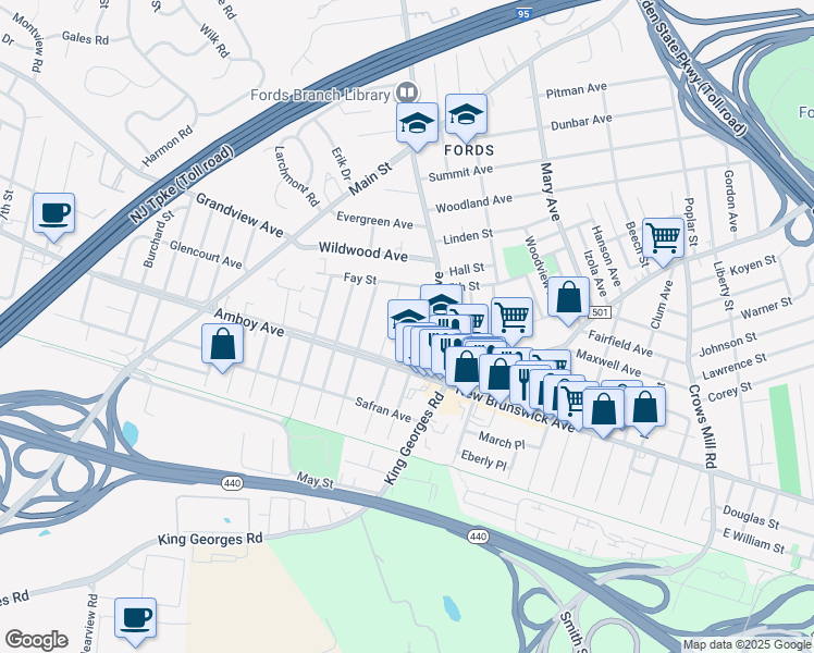 map of restaurants, bars, coffee shops, grocery stores, and more near 37 Maple Avenue in Edison