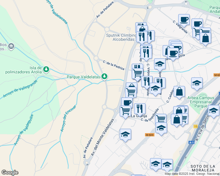 map of restaurants, bars, coffee shops, grocery stores, and more near 24 Avenida del Monte Valdelatas in Alcobendas