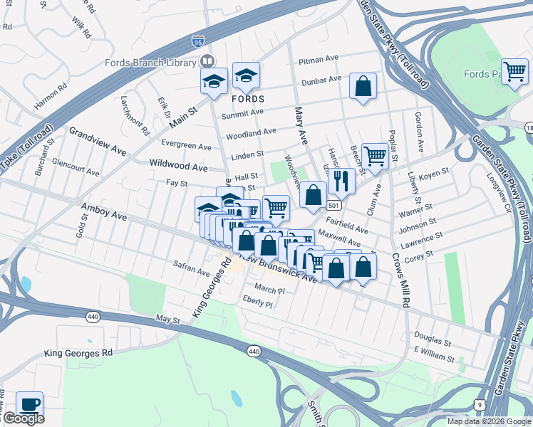 map of restaurants, bars, coffee shops, grocery stores, and more near 32 3rd Street in Woodbridge Township