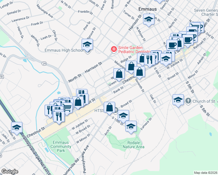 map of restaurants, bars, coffee shops, grocery stores, and more near 29 North 9th Street in Emmaus