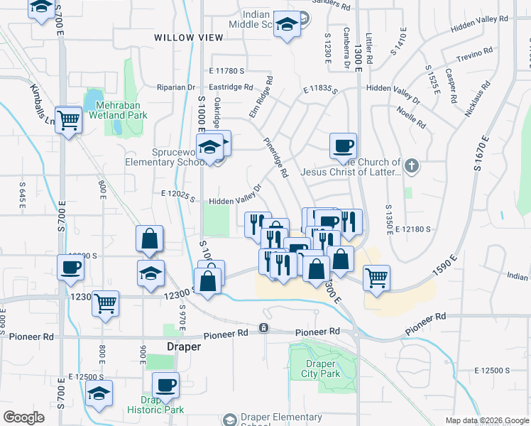 map of restaurants, bars, coffee shops, grocery stores, and more near 12098 Mill Ridge Road in Sandy