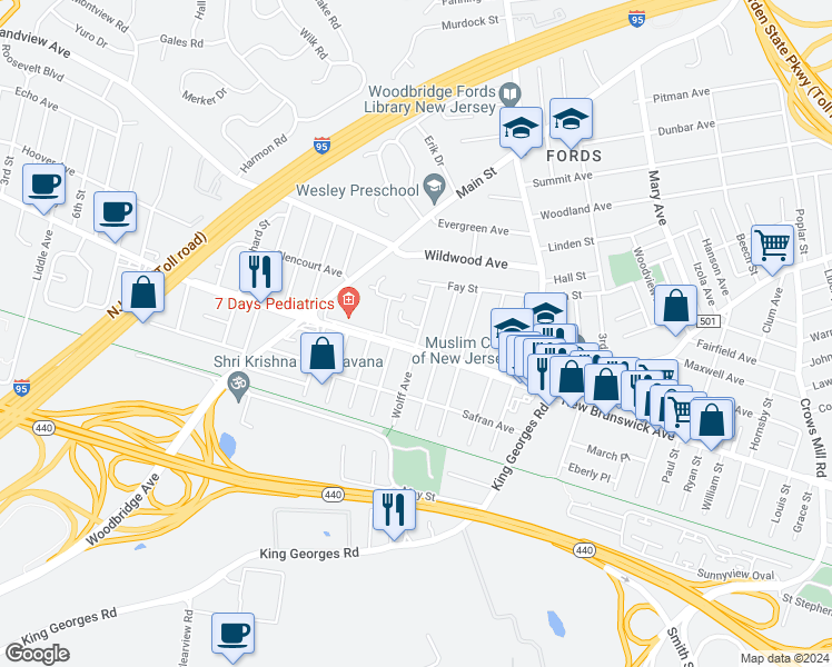 map of restaurants, bars, coffee shops, grocery stores, and more near 26 Aldrich Drive in Edison