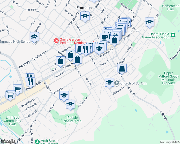 map of restaurants, bars, coffee shops, grocery stores, and more near 623 Broad Street in Emmaus