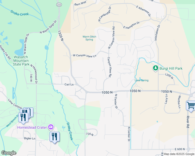 map of restaurants, bars, coffee shops, grocery stores, and more near 1126 Springer View Loop in Midway