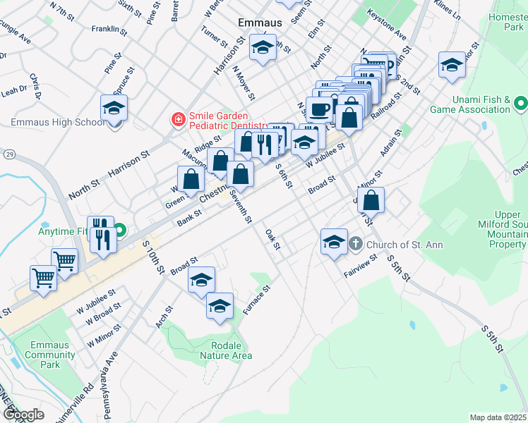 map of restaurants, bars, coffee shops, grocery stores, and more near 623 Broad Street in Emmaus