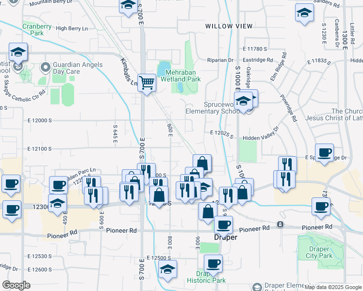 map of restaurants, bars, coffee shops, grocery stores, and more near 834 East 12085 South in Draper