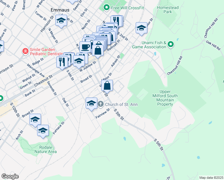 map of restaurants, bars, coffee shops, grocery stores, and more near 215 South Fourth Street in Emmaus