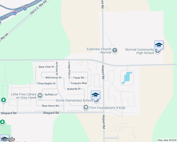 map of restaurants, bars, coffee shops, grocery stores, and more near 1289 Healing Stone Court in Normal