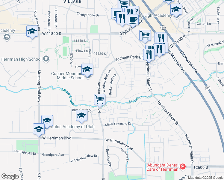 map of restaurants, bars, coffee shops, grocery stores, and more near 12133 Broken Arch Lane in Herriman