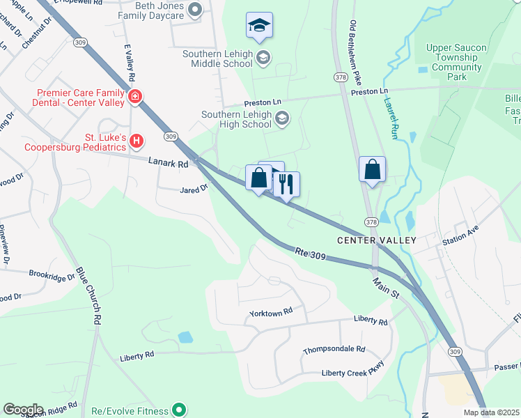 map of restaurants, bars, coffee shops, grocery stores, and more near 4153 Bunker Hill Drive North in Coopersburg