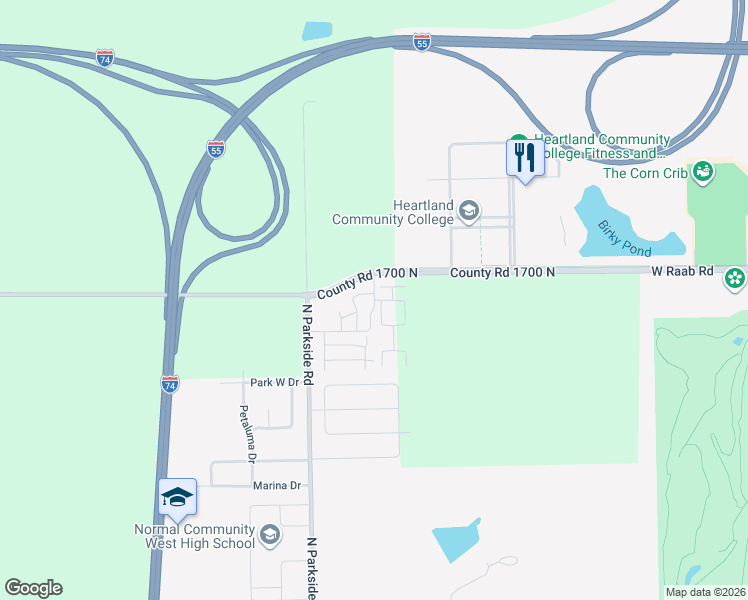 map of restaurants, bars, coffee shops, grocery stores, and more near Trumbull Avenue in Normal