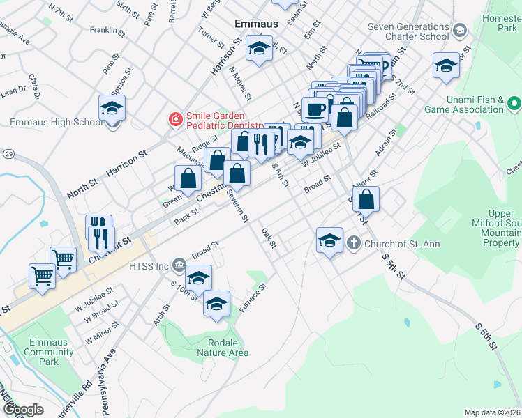 map of restaurants, bars, coffee shops, grocery stores, and more near 623 Broad Street in Emmaus