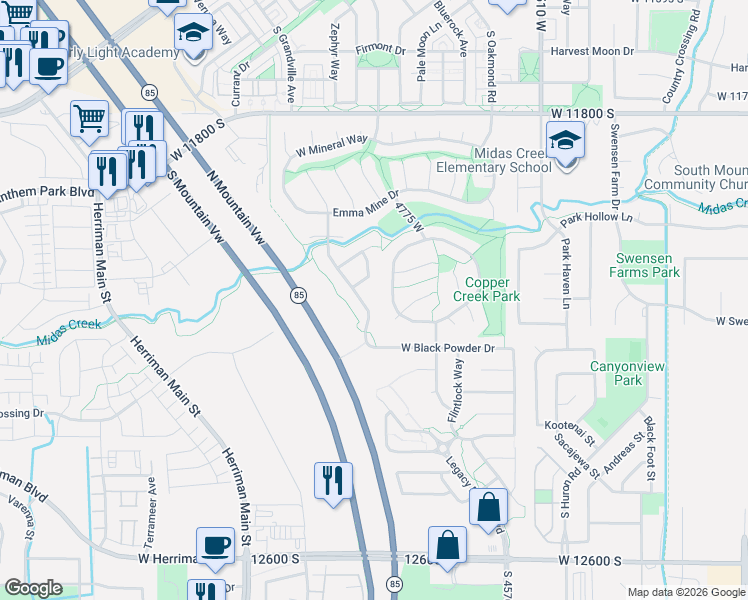 map of restaurants, bars, coffee shops, grocery stores, and more near 12137 South Black Powder Drive in Herriman